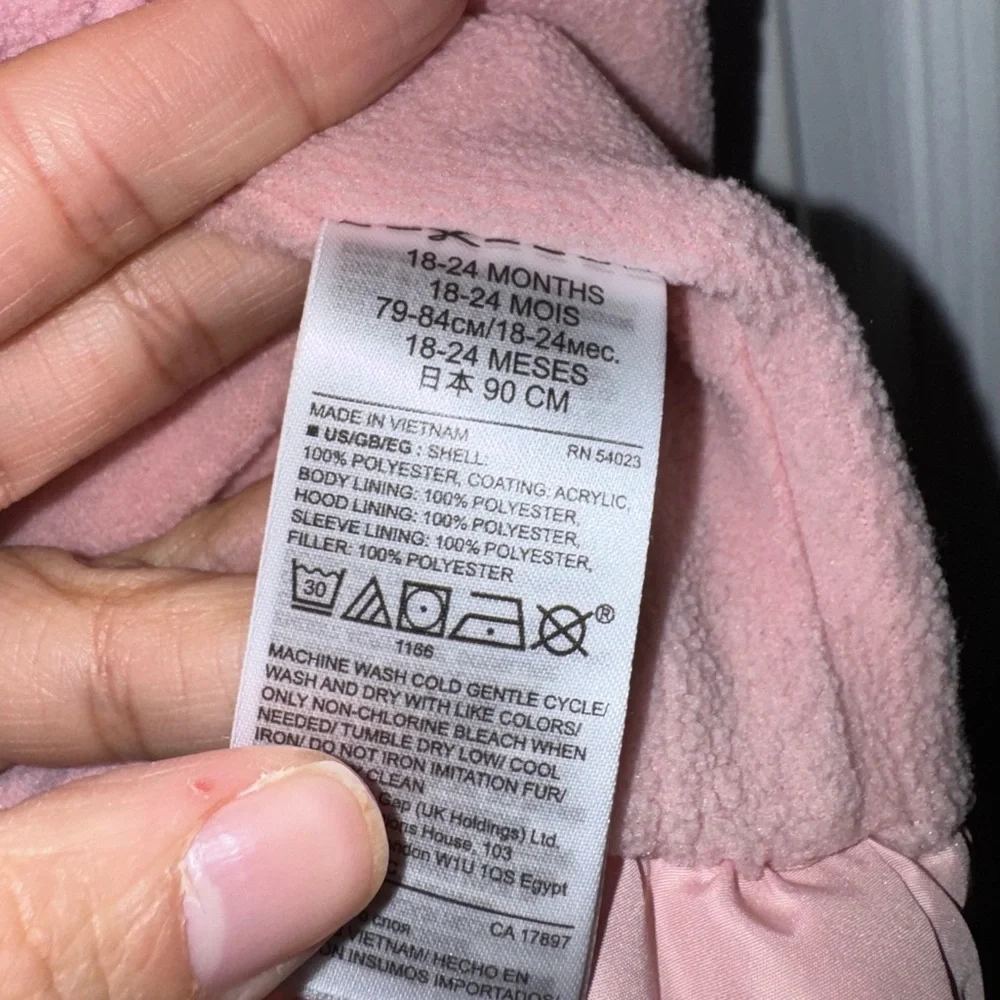 GAP Baby Girl Pink Puffer Jacket 18-24M Hooded Winter Coat Bow Pockets